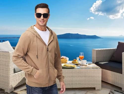Satankud Men's Jacquard PlaidCloth Lightweight Zipper Hoodie Sweatshirt Jacket Khaki 2X-Large — view 2