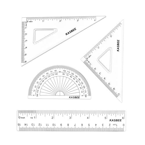 Geometry Set, 4PCS Geometry Kit for Students, Clear Protector, 6in Ruler, 2 Triangles, Metric and Imperial Scales