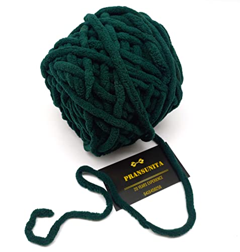 Image of Super Thick Fluffy Jumbo Polyester Baby Blanket Chenille Yarn for Knitting, Crochet & Home Decor Projects, Afghans, throw pillows, cushions & blankets. -100 GMS � 6mm thickness � Colour � Dark green
