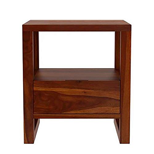 Image of Solid Sheesham Wood Bedside Table for Bedroom | Wooden Bed Side Nightstand Lamp Table with Drawer & Open Shelf Storage for Home & Hotels | Rosewood, Natural Finish