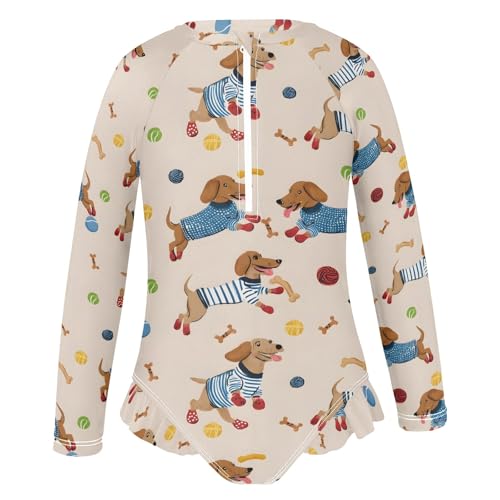 ALAZA Toddler Swimsuit Girl Bathing Suit Swimwear Rash Guard Sausage Dog Ball Long Sleeve 3T2