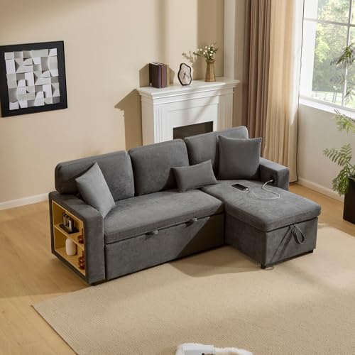 Sofá cama de 4 plazas, sofá esquinero en forma de L con función de sueño, estantería Oxford 150 kg, capacidad de carga de 150 kg, sofá cama, color gris oscuro para salón