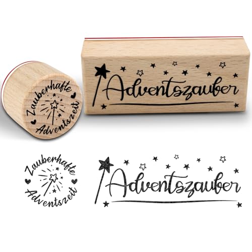 WAMIOKAGRO 2 Stück Advent Stempel Set Holzstempel \Adventszauber\ - 75 x 30 mm - Motivstempel Dekostempel für Weihnachtskarten, Geschenkpapier, Adventskalender und Weihnachtsdeko