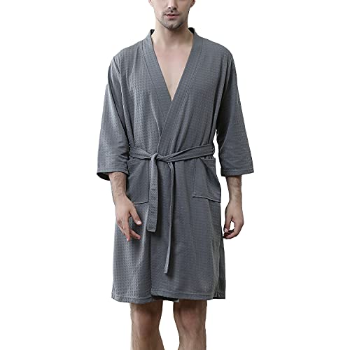 Lu's Chic Men's Waffle Kimono Robe Lightweight Spa Bathrobe Pockets Turkish Hotel Nightgown Hot Tub Quarter Sleeve Bathrobes Short Robes Grey Us M/L (Tagxl) #TOP24