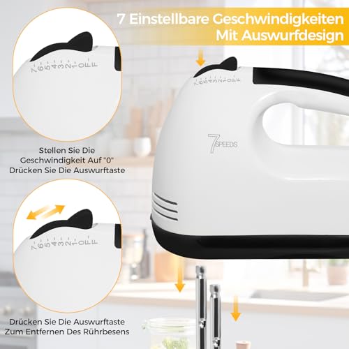 Elektrischer Handmixer mit 7 Geschwindigkeitsstufen – Ergonomischer Mixer mit Turbo-Funktion, Edelstahl-Zubehör und spülmaschinengeeigneten Teilen, perfekt zum Rühren von Teig und Schlagen von Eiern