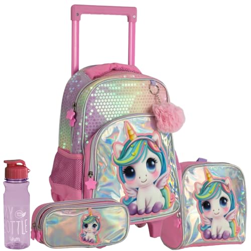 Kit Mochila Escolar com Rodinhas de Unicórnio Holográfica Rosa, Lancheira Térmica, Estojo Duplo e Garrafinha