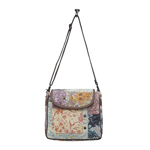 Myra Bags Floral Canvas Crossbody Pouches with Zipper, Flap, and Strap - Fiori Patchwork Design Canvas Totes with Variety of Flowers4