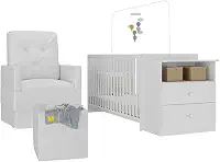 Berço Cômoda com Poltrona de Amamentação e Puff Meu Bebê Multimóveis Mp4084 Branco