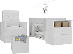 Berço Cômoda com Poltrona de Amamentação e Puff Meu Bebê Multimóveis Mp4084 Branco