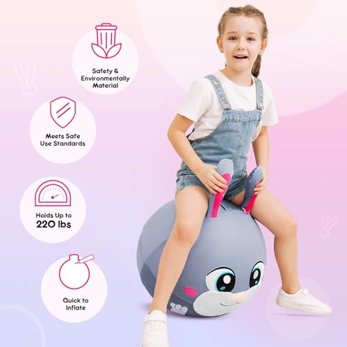 ZOOJOY Hopper Ball - Inflatable Bunny Jumping Ball- Rabbit Plush Hippity Hop Toys for Kids, 18 Inch Bouncy Ball with Handle for Boys Girls Aged 3-8, Animal Bounce Hopper Toy with Pump