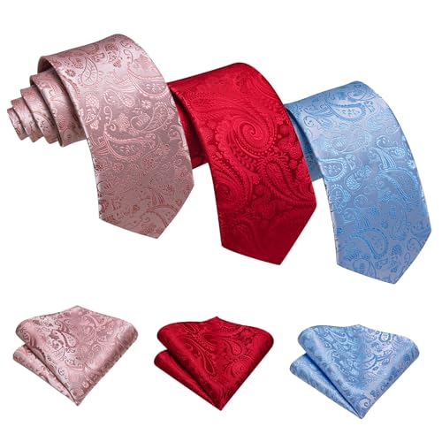 Image of Barry.Wang 6 PCS Men Ties Set Silk Business Fashion Woven Necktie Handkerchief Cufflinks Paisley Stripe Wedding Party
