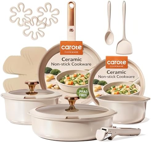 CAROTE 18Pcs Ceramic Cookware Set with Detachable Handle, Pots an...