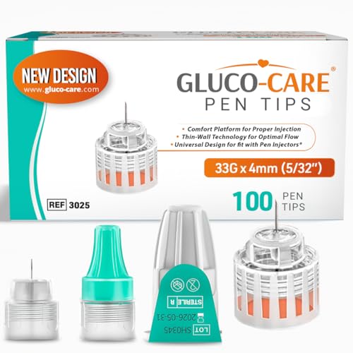 GLUCO-CARE Plus Pen Tips 33G x 4mm, Universal Fit, Comfort Design, 100/bx, Flat Base for Optimal Skin Contact and Extra Thin-Wall Technology for Optimal Flow and Fast delivery