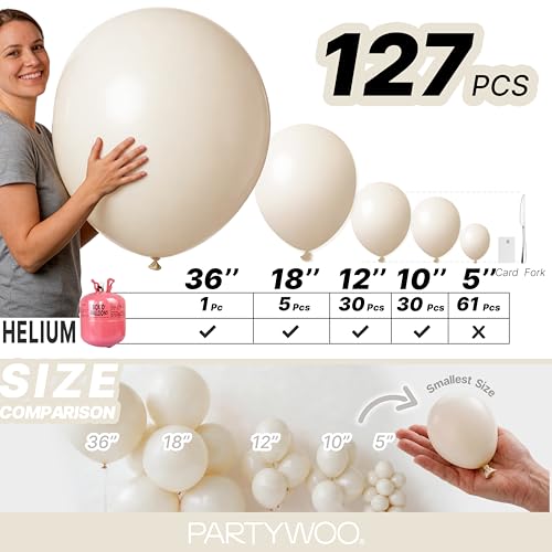 Image of PartyWoo White Sand Balloons 127pcs Different Sizes of 36 18 12 10 5 Inch Off White Beige Cream Ivory Boho Neutral Balloon Arch Kit Garland for Wedding Baby Shower Birthday Party Decorations White-F12