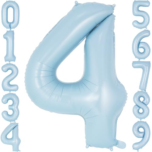 Image of Light Blue Number 4 Balloon, 40 Inch Big Large Foil Number Balloons, Giant Mylar Number 4 Balloons for 4 Year old Birthday Baby Party Decorations Supplies Anniversary