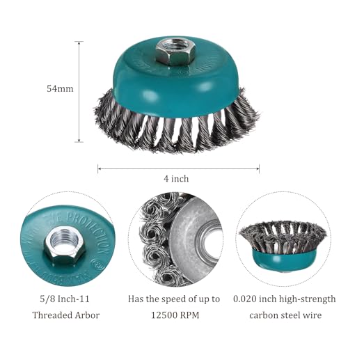 Image of Twisted Knotted Wire Cup Brush for Angle Grinder - [4 Inch] for Paint Stripping Cleaning Rust Duty Abrasive, 5 /8 Inch-11 Threaded Arbor, .020 Carbon Steel Wire, Cyan
