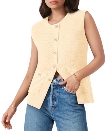 Image of Yousify Womens Sweater Vest Sleeveless Button Down Round Neck Knitted Tank Tops Casual Cardigan with Pockets