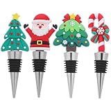Ciieeo 4pcs Christmas Wine Stopper Set: Stainless Steel Decorative Beverage Sealers - Snowflake Candy Cane Santa Claus - Festive Wine Freshness Keeper for Holiday Parties