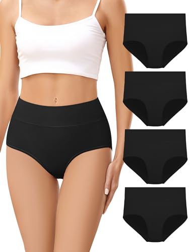 VOENXE Women's Cotton Underwear High Waisted Ladies Panties,Comfortable Stretchy Full Coverage Brief,Breathable Undies,4 Pack Black