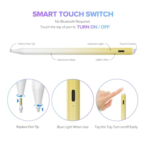 Image of JAMJAKE Stylus Pen for iPad 6th-11th Generation-2X Fast Charge Active Pencil Compatible with 2018-2025 Apple iPad Pro 11 inch /12.9 inch /M4, iPad Air 3 /4 /5 /M2 /M3,iPad mini 5 /6 Gen-White Yellow
