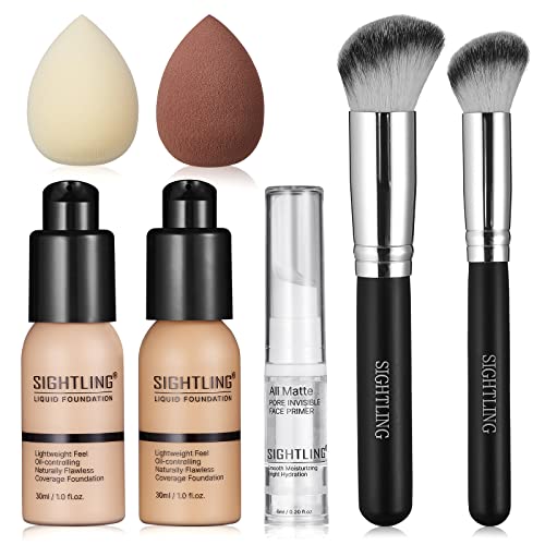 SIGHTLING 30ml Foundation Liquid Cobertura total 24HR Matte Oil Control Corrector(Nude #102)(Buff Beige #104) con 6ml Face Primer con Pinceles de Maquillaje y Esponja Licuadora Cover