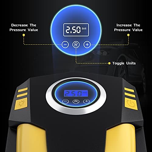 OHMOTOR Tyre Inflator Portable Air Compressor,Digital Tyre Pump 12V Portable Car Tyre Inflator with 3 Nozzle Adaptors,LED light and Auto Shut Off for Motorcycle Bicycle Balls Etc