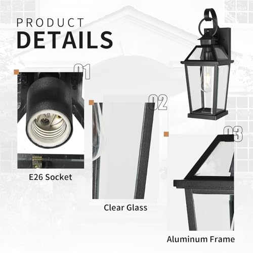 Image of JYZ Dusk to Dawn Outdoor Wall Sconce, 17inch Waterproof Exterior Wall Lantern with Textured Glass, Anti-Rust Classic Porch Light for Front Door Garage Patio Yard JYOWL06