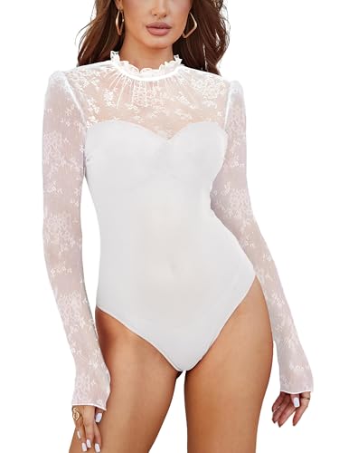 MAYFASEY Body da donna in pizzo floreale con collo a