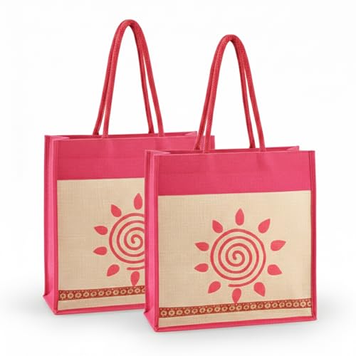 Image of Kuber Industries 2 Pcs Jute Medium Shopping Bag for Women with Handle | Reusable Carry /Shopping Bag for Grocery | Sunflower Print - Cream & Pink