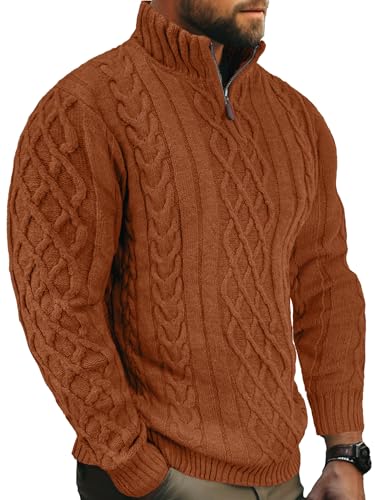 Comdecevis Wool Sweater for Men Quarter Zip Cable Knit Sweatshirt Mock Neck Polo Soft Cashmere Casual Pullover Sweater M Orange