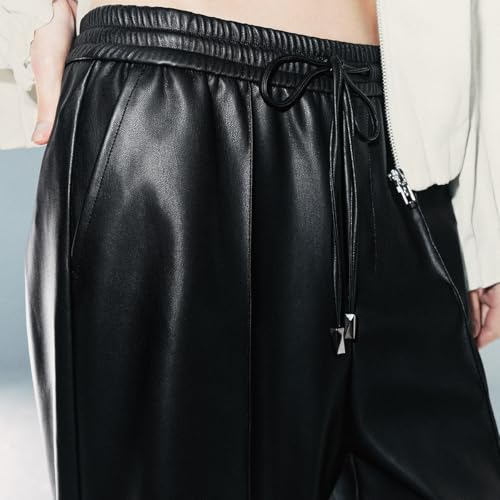 Faux Leather Pants for Women Fashion High Drawstring Waist Trousers Wide Leg Trousers with Pockets2