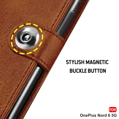 Image of TheGiftKart Genuine Leather Finish Flip Back Cover Case for OnePlus Nord 6 5G / CE 6 5G | Inbuilt Pockets & Stand | Wallet Style | Designer Button Magnet Flip Back Cover Case (Faux Leather, Brown)