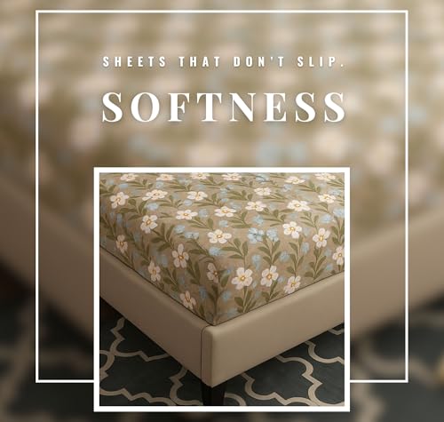 Image of HOMEKART 120 TC Cotton Rich Elastic Corner Fitted Bedsheet with 2 Pillow Covers | Double Bed 72x68+6 Inches | Wrinkle-Free, Super Soft & Breathable Floral Design | Coffee
