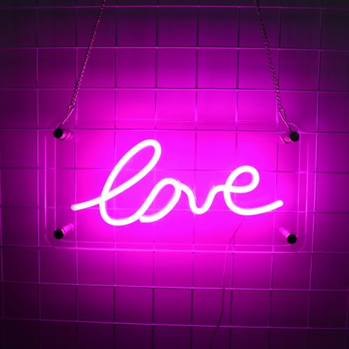 Image of ENUOLI Love Neon Sign USB Powered Neon Love Signs Dimmable LED Pink Love Signs Acrylic for Home Bedroom Bar Party Wall /Table Art Decoration Party Night Light Birthday Gift