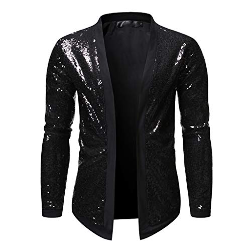 Mens Cardigan All Over Sparkle Sequin Open Front Long Sleeve Jacket with Ribbed Cuffs Black