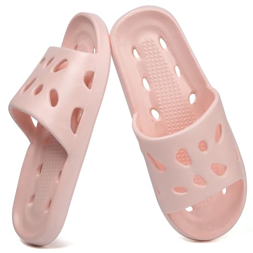 FINLEOO Shower Shoes for Women Men, Comfortable Quick Drying Pool Slides, Non-Slip Beach Sandals Arch Support Bathroom Travel College Dorm Shower Slippers-Pink
