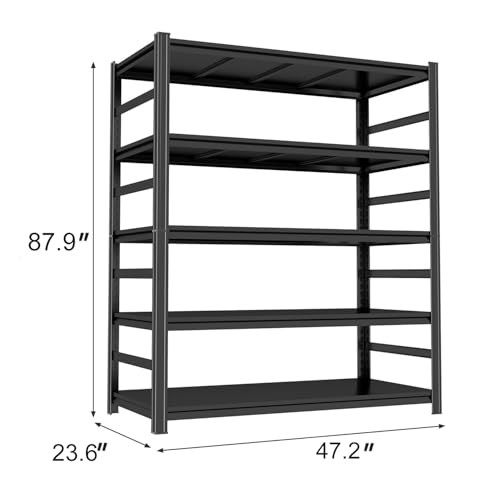 Image of Bookshelf For Home Organization, Large Industrial Metal Shelving, Heavy Duty Storage Shelves For Books And Display. 5 Tier Adjustable Open Standing Book Shelf For Living Room,Black47.2 inchWx23.6 inchDx87.9 inchH