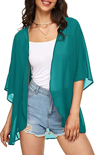 Image of Indian Trendy Women's Solid Puff Sleeve Kimono Cardigan Loose Cover Up Casual Blouse Top Chiffon