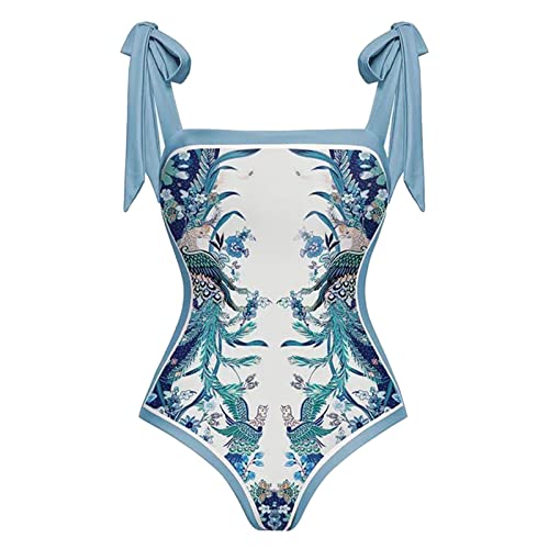 Genérico Traje de Baño Mujer Alta Bañador Reductor Bañador con Ribete Estampado Retro de Doble A La para Mujer Reductor Vientre Plano Pantalon (Light Blue,L)