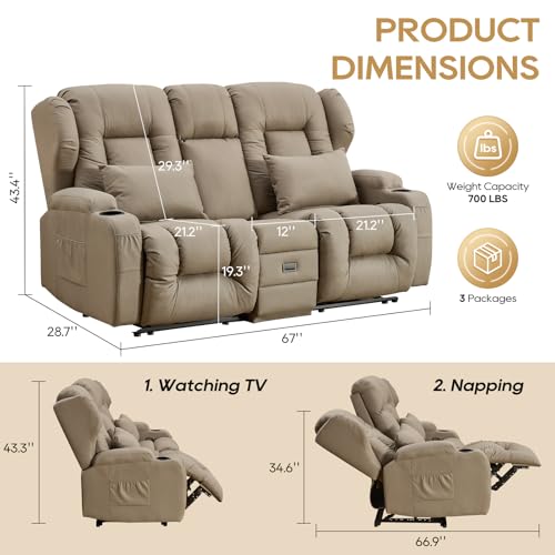 Image of IPKIG 67 inch RV Loveseat Double Recliner Sofa with FILP Back Console, Storage Drawer, Side Pockets, Lychee Pattern Tech Fabric Manual Reclining Chair Home Theater Seating (Khaki)