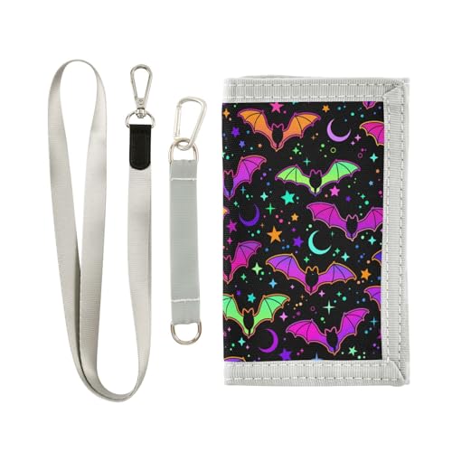 JHKKU Halloween Colorful Bat Star Kids Wallet for Boys Girls, Teen Canvas Trifold Purse with Zipper Coin Pocket