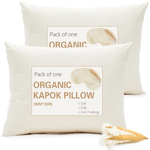 Leinuosen 2 Pack Organic Kapok Pillow 26 x 20 Natural Kapok Fiber Filled Sleeping Pillows with Breathable Cotton Adjustable Height Soft and Supportive for Sleeping(Classic)