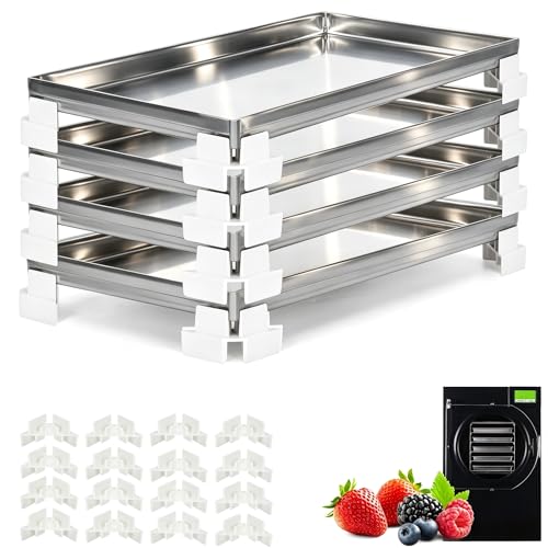 Mangoct 5pcs Medium Metal Freeze Dryer Trays for harvest right 18 x 7.5 inch Food-Grade 18/8 Stainless Steel Non-Stick & Rust-Resistant Including Tray Stackers-Accessories for Home Pro Freeze Dryer