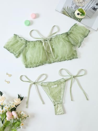 Image of Lilosy Sexy Stretch Ruffle Tie Sheer Mesh Lingerie Set Outfits