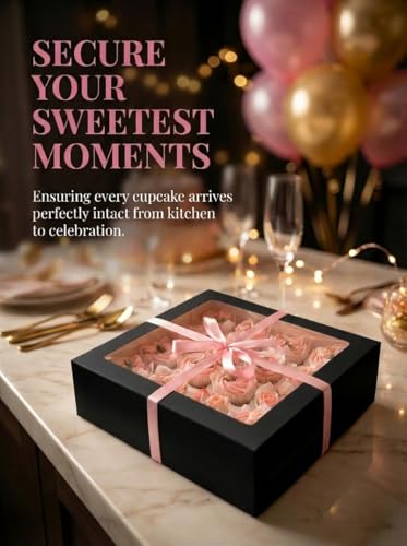 Image of Bakepacker Auto-pop Up Cupcake Boxes with Window Black 40PCS 12 Count Cupcake Box 13 inchx10 inchx3.5 inch Cupcakes Carrier, 12 Cupcake Containers with 2 rolls of pink ribbons