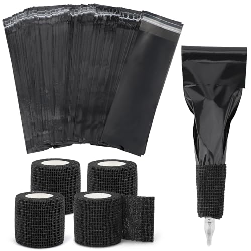 Dynvue 200Pcs Black Tattoo Machine Covers with Self-adhesive Strip, 4Pcs Tattoo Grip Wrap and Tattoo Pen Machine Bags 8.27 x 2.56 in, 196.9 x 1.96 in Tattoo Grip Tape Supplies