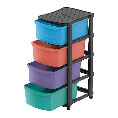 Cosmoplast 4 Tiers Multipurpose Storage Cabinet With Wheels, Black Mix Drawers