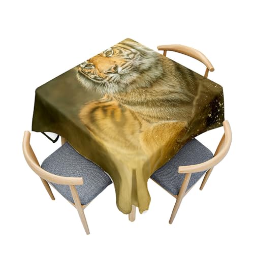 Fasbuy Mantel Cuadrado Antimanchas, Manteles de Mesa Cuadrada de Poliéster Patrón Tigre 3D Protector para Mesa de Centro Lavable para Fiesta Cocina Jardín, 4 Pinza (Tigre,90x90cm)
