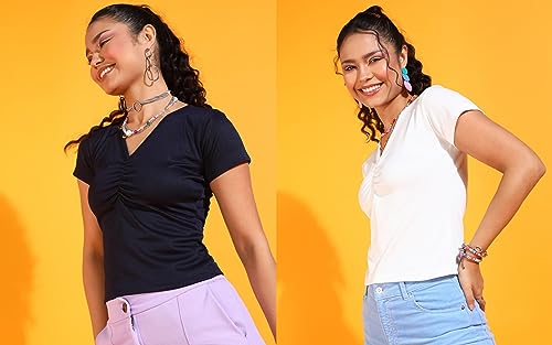 Image of POPWINGS Casual Solid V-Neck Short Sleeves Summer Wear Tops Combo for Women