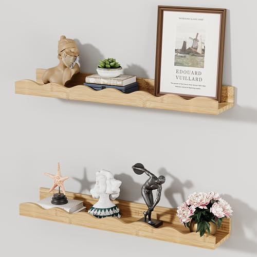 Image of Senjie Floating Shelves for Wall Décor 24 Inch Long Set of 2 Nursery Book Shelves Bathroom Shelves Over Toilet Shelf for Books, Plants, Toys, Photo Frames, Picture Ledge-Natural